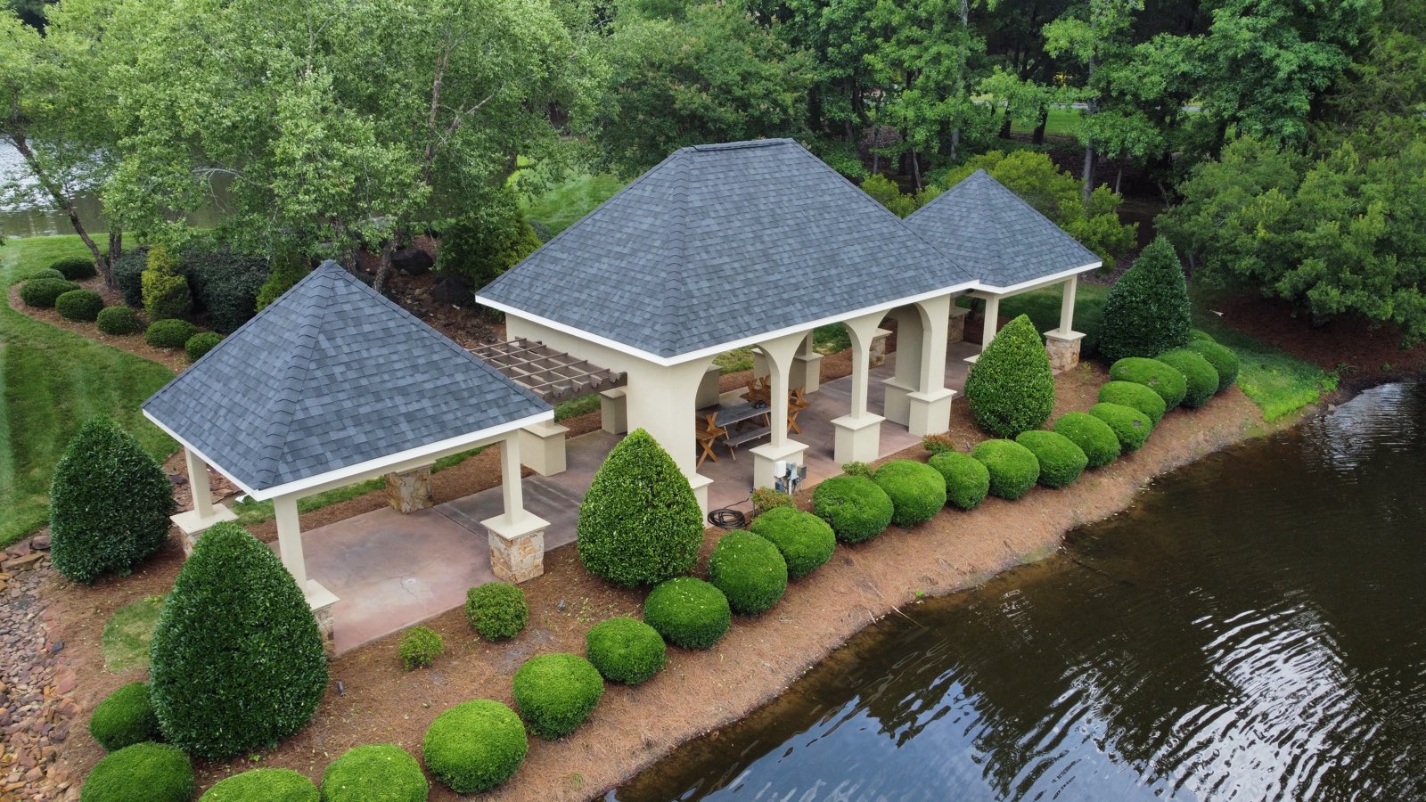 Aerial view of the community pavilion and gardens